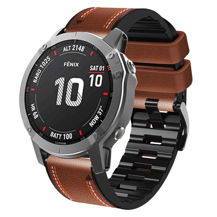 Brown silicone leather watch band with orange tricolor stitching and black link-style strap