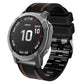 Black silicone leather smartwatch band with tricolor orange stitching and black deployment clasp