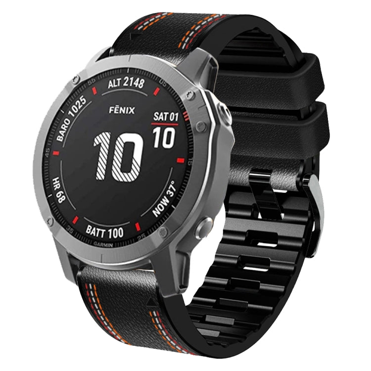 Black silicone leather smartwatch band with tricolor orange stitching and black deployment clasp