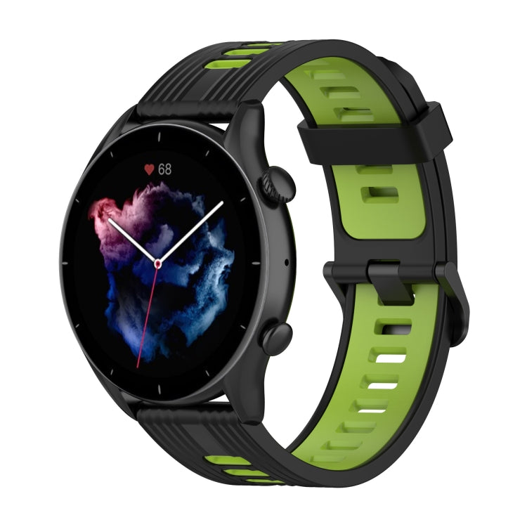 22mm two-color striped silicone watch band with stainless steel buckle, black and lime green