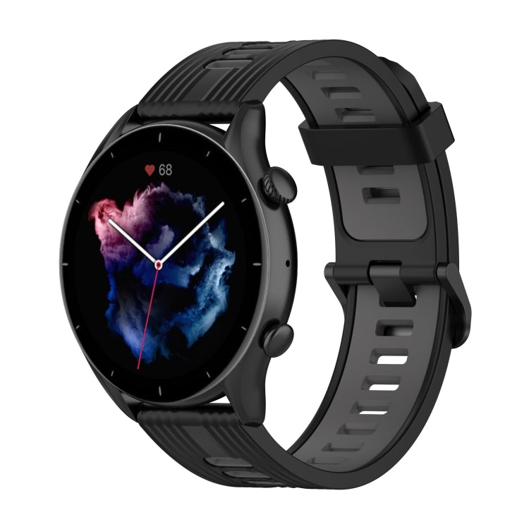 22mm two-color striped silicone watch band with stainless steel buckle, all black