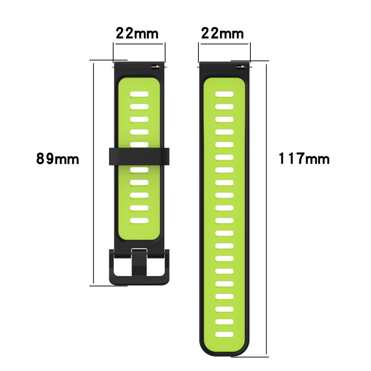 Size diagram for two-tone silicone watch band: 22mm wide, 89mm/117mm lengths