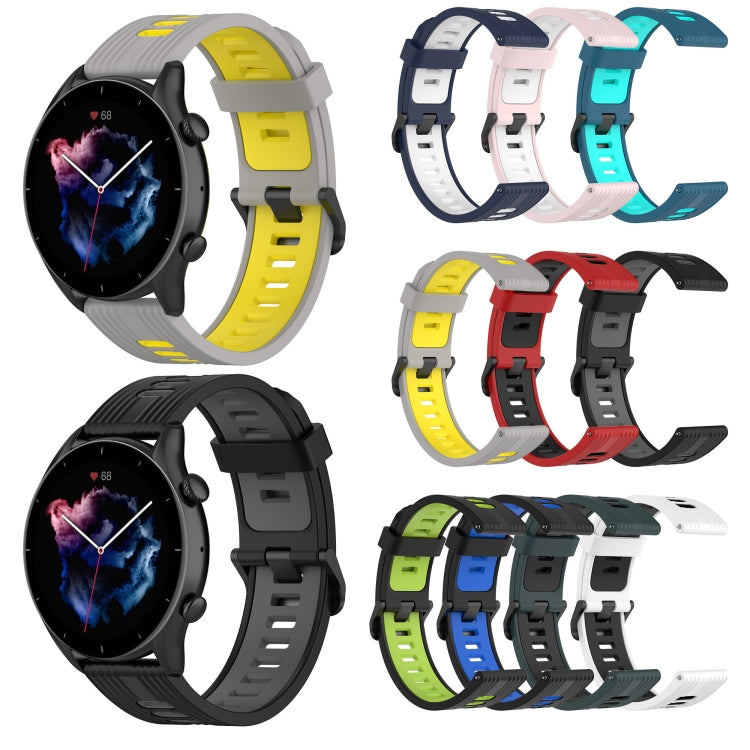 Set of two-tone silicone watch bands in multiple colors with dark metal buckles