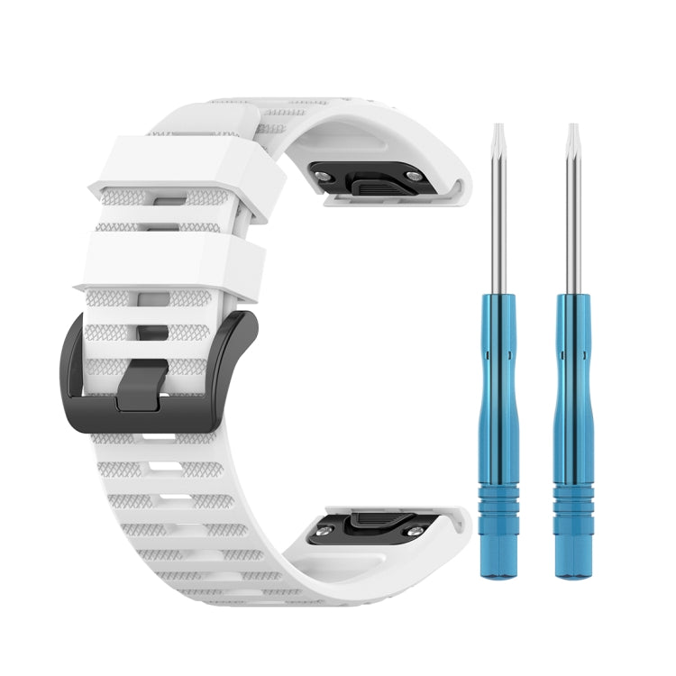 White quick-release watchband with blue release pin tools and plastic clasp