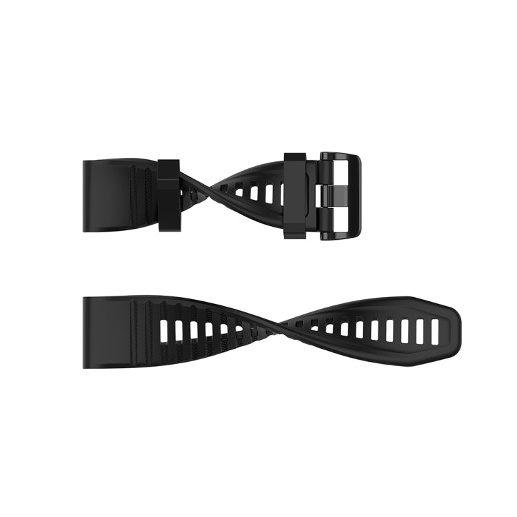 Black quick-release silicone-style watch strap with plastic buckle and pin link