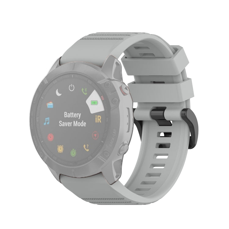 Quick-release watch wrist strap with plastic buckle, light gray textured silicone band.
