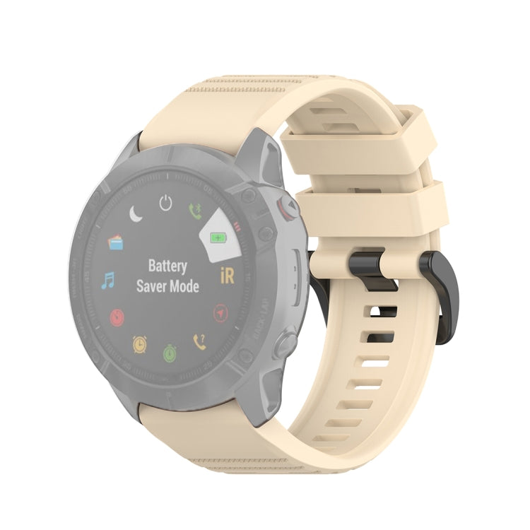 Quick-release watch wrist strap with plastic buckle, beige textured silicone band.