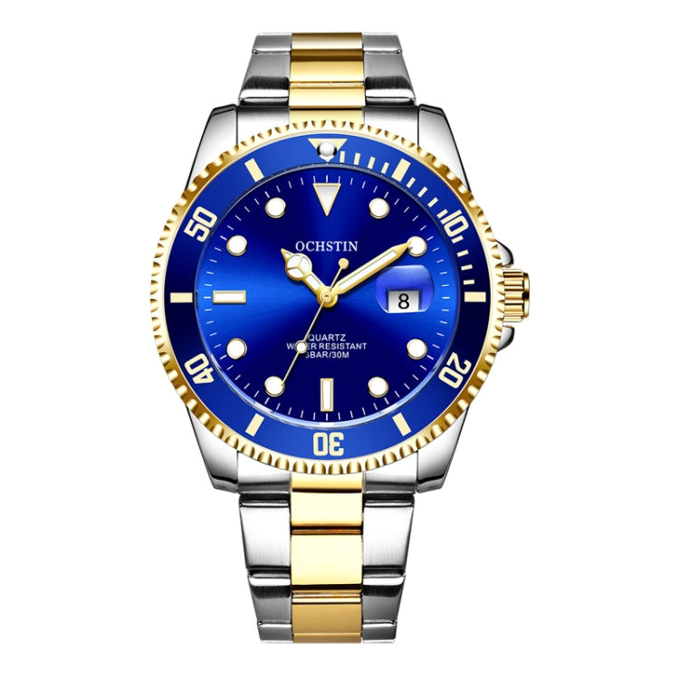 Two-tone stainless steel quartz watch with blue dial and gold bezel, day/date window.
