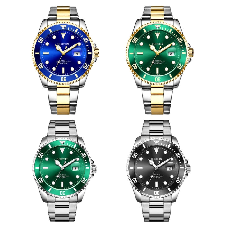 Four stainless steel quartz watches with green, blue, black, and silver dials; date window.