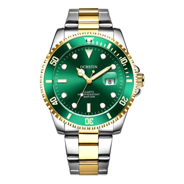 Two-tone stainless steel quartz watch with green dial and gold bezel, day/date window.