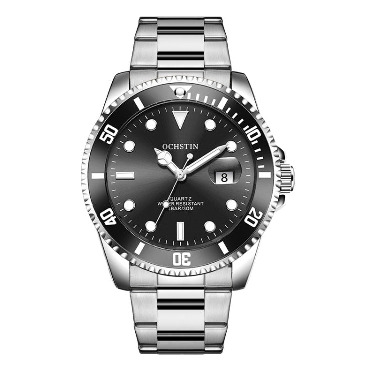 Stainless steel quartz watch with black dial, gold-tone hour markers, and date window.