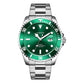 Stainless steel quartz watch with green dial and black bezel accents, date window.
