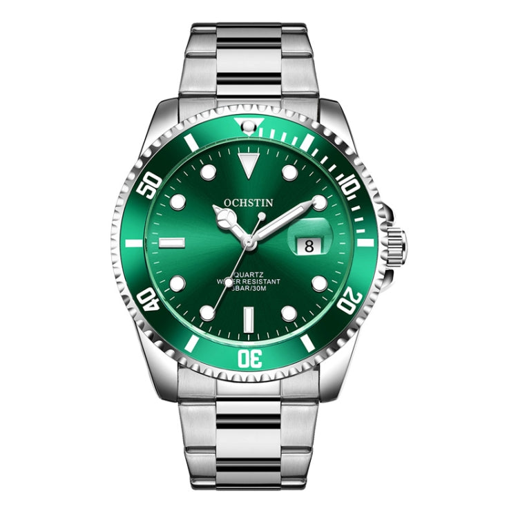 Stainless steel quartz watch with green dial and black bezel accents, date window.