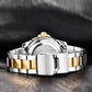 Two-tone stainless steel watch bracelet and clasp with gold center links and silver sides.