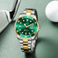 Two-tone stainless steel quartz watch with green dial, gold bezel, and date window.
