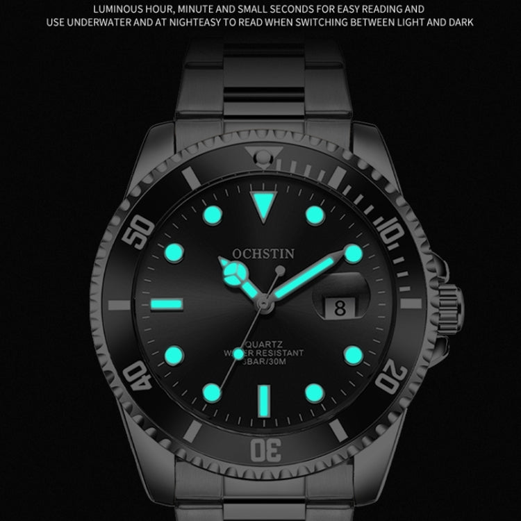 Black dial quartz watch with luminous blue markers and hands, date window.