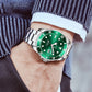Stainless steel wristwatch with green dial and bracelet, round case, date window