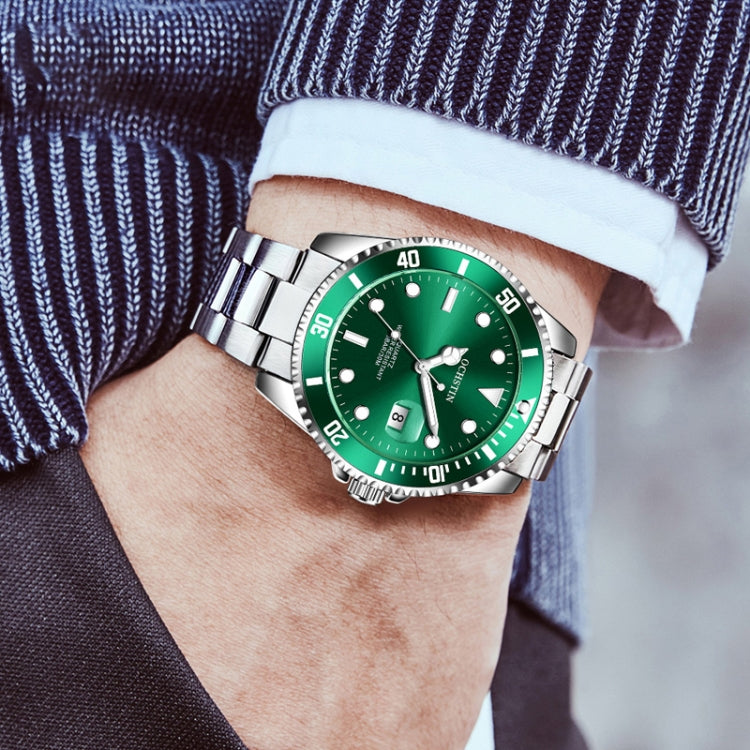 Stainless steel wristwatch with green dial and bracelet, round case, date window