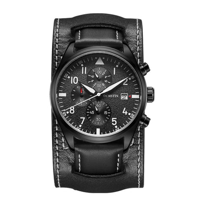 Black leather multifunction quartz watch with black dial, chronograph subdials, date window