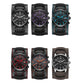 Assorted color leather multifunction quartz watches with black straps and chronograph dials