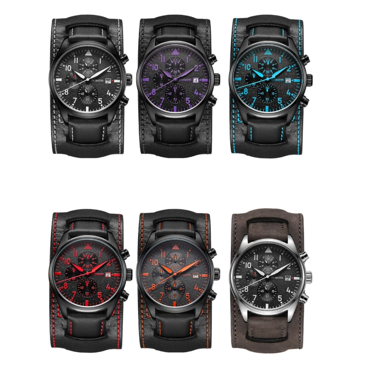 Assorted color leather multifunction quartz watches with black straps and chronograph dials
