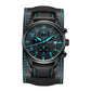 Blue-accent leather multifunction quartz watch with blue dial, chronograph subdials, date window