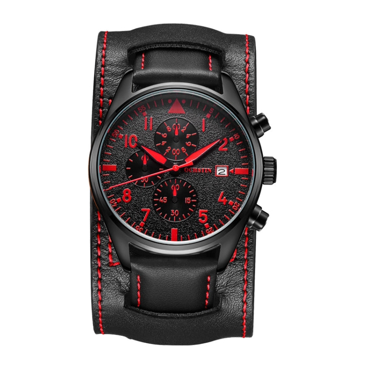 Red-accent leather multifunction quartz watch with red dial, chronograph subdials, date window