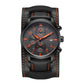 Orange-accent leather multifunction quartz watch with orange dial, chronograph subdials, date window