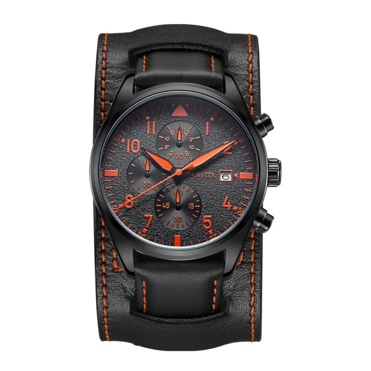 Orange-accent leather multifunction quartz watch with orange dial, chronograph subdials, date window