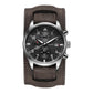 Dark brown leather multifunction quartz watch with black dial, chronograph subdials, date window