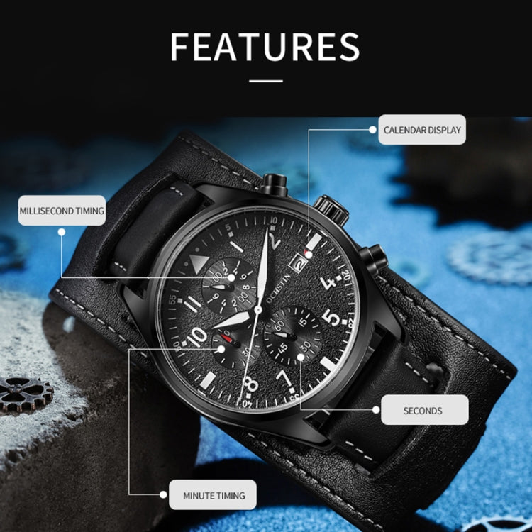 Black leather multifunction quartz watch with black dial, chronograph subdials and date window