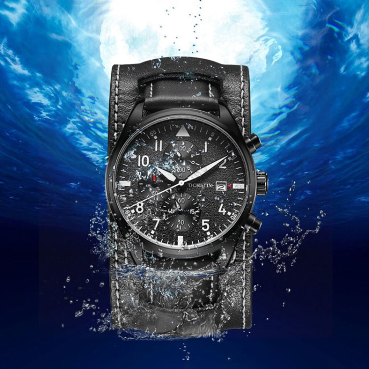 Black leather multifunction quartz watch with black dial and chronograph subdials