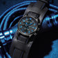 Blue leather multifunction quartz watch close-up with blue dial, chronograph subdials, date window