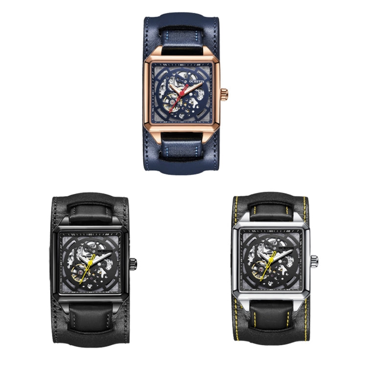 Three skeleton mechanical watches shown: rose gold blue, black black, silver black