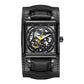 Black skeleton mechanical watch with black leather strap and yellow accented hands