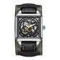 Silver skeleton mechanical watch with black leather strap and yellow stitching, front view