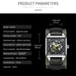 Black skeleton mechanical watch with black leather strap and yellow stitching detail