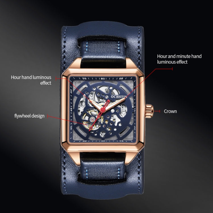 Rose gold skeleton watch with blue leather strap, luminous hands and exposed movement