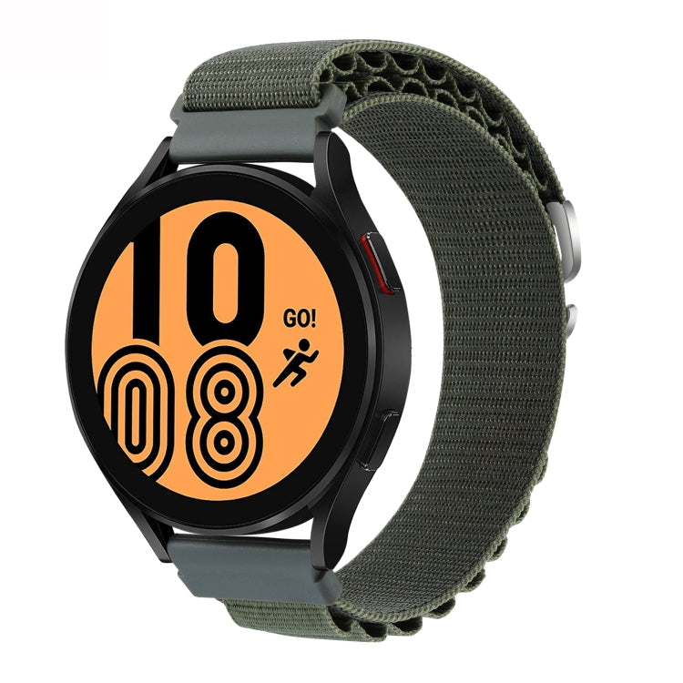 Green nylon loop watch band with metal buckle, shown with a smartwatch face