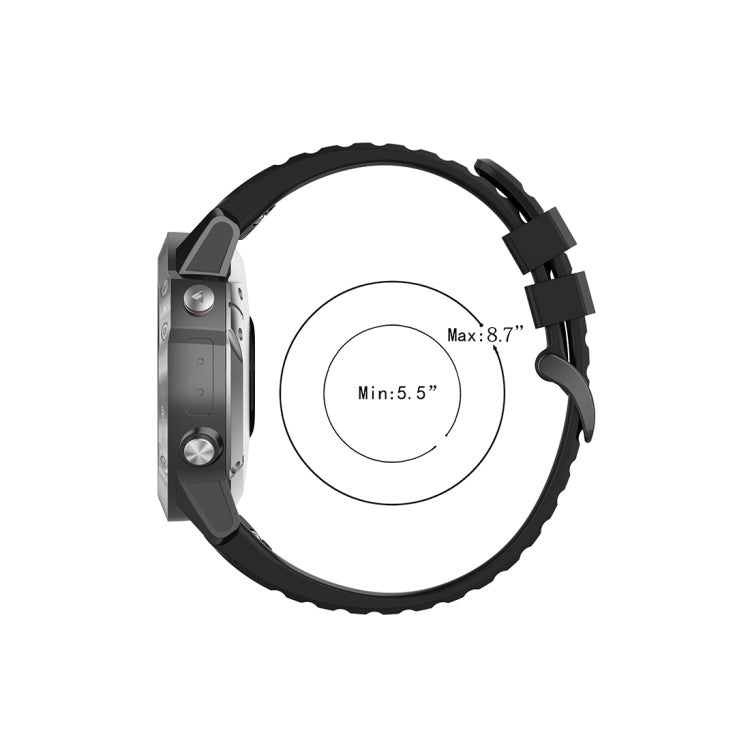 22mm black quick-release wrist strap with plastic buckle, size range shown