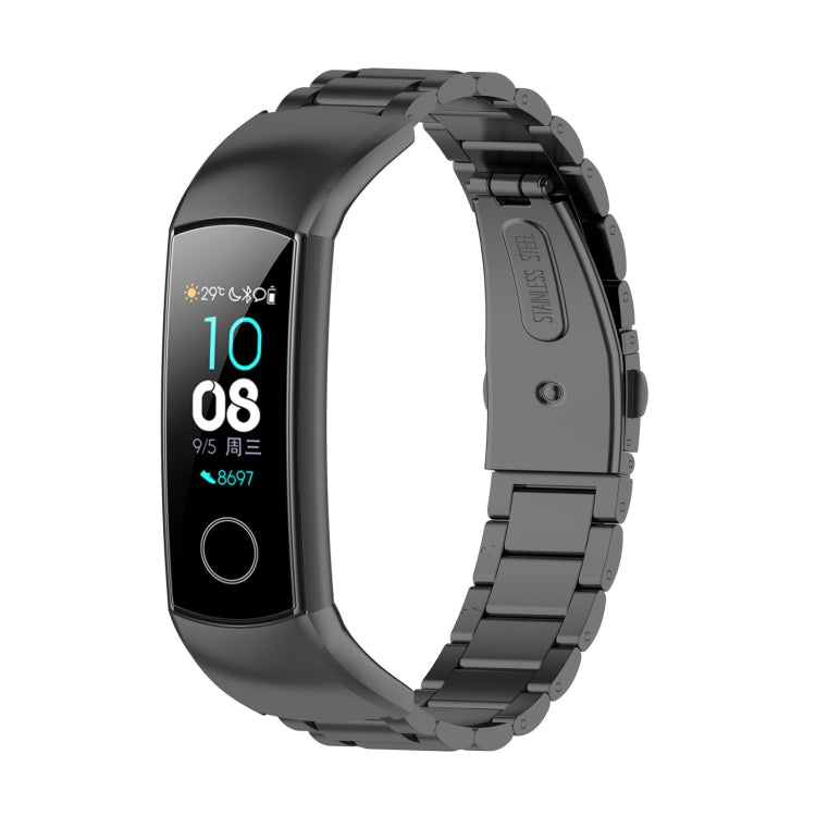 Black three-bead steel watchband with connected fitness tracker display