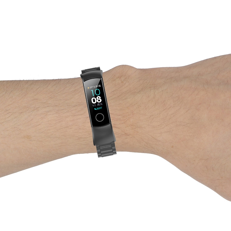 Black metal three-bead watch strap with fitness tracker display