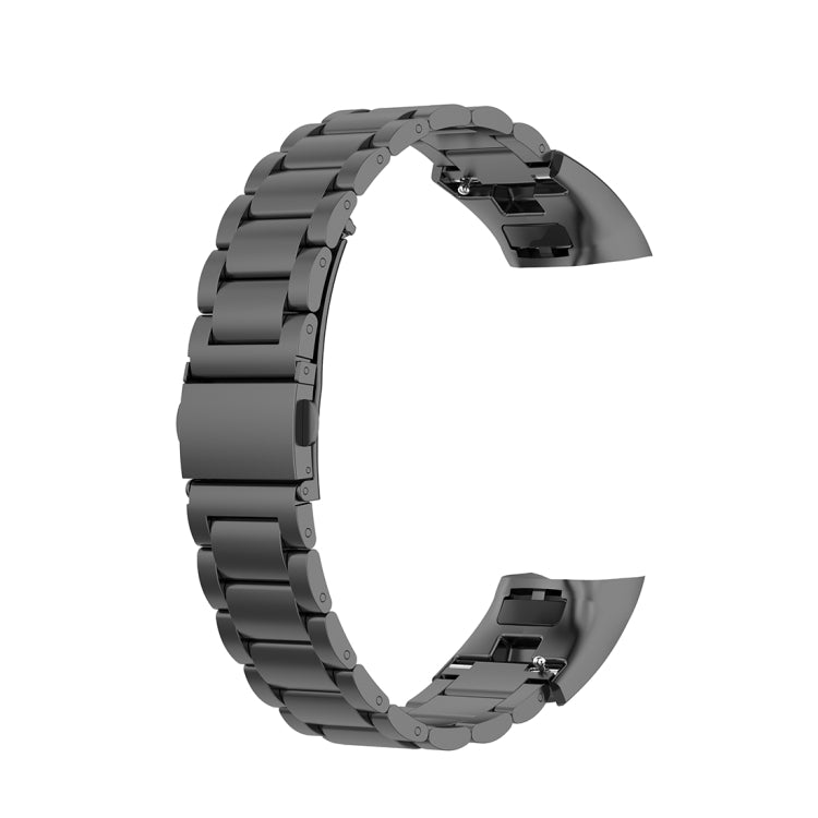 Black three-bead steel watchband with curved end pieces and metal links