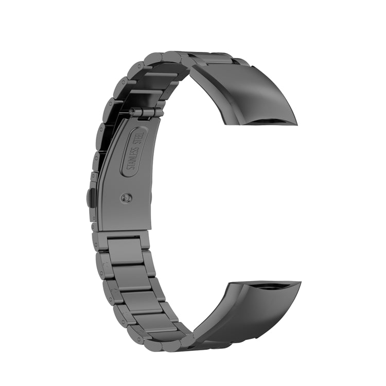 Black three-bead steel watchband with inner clasp and link details