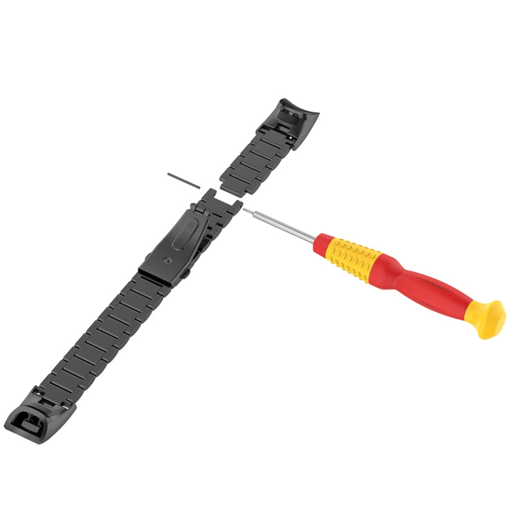 Black three-bead steel watchband strap with included removal tool