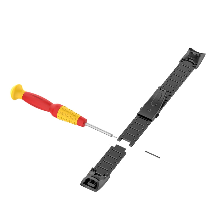 Black three-bead steel watchband ends with removal tool