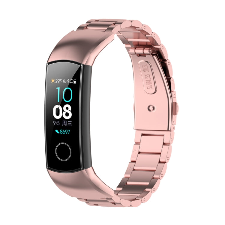 Rose pink metal three-bead watch strap with fitness tracker display