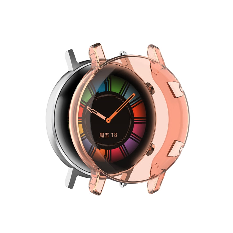 Watch protective case with screen cover, transparent pink frame, for round smartwatch