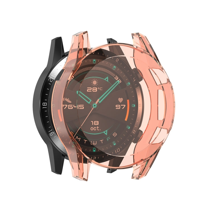 Watch protective case with screen cover, transparent peach frame, for round smartwatch