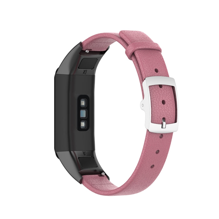 Pink leather watch strap with white buckle and metal pin clasp
